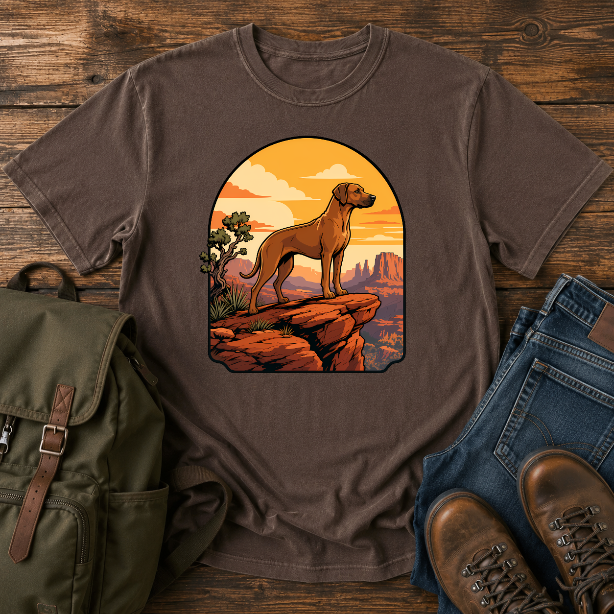 Rhodesian Ridgeback Wordless illustration: a lean Rhodesian Ridgeback in profile on a red-rock canyon t-shirt design