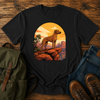 Rhodesian Ridgeback Wordless illustration: a lean Rhodesian Ridgeback in profile on a red-rock canyon t-shirt design