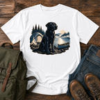 Labrador Retriever Wordless: black Labrador sitting alert beside a dome tent and a low t-shirt design