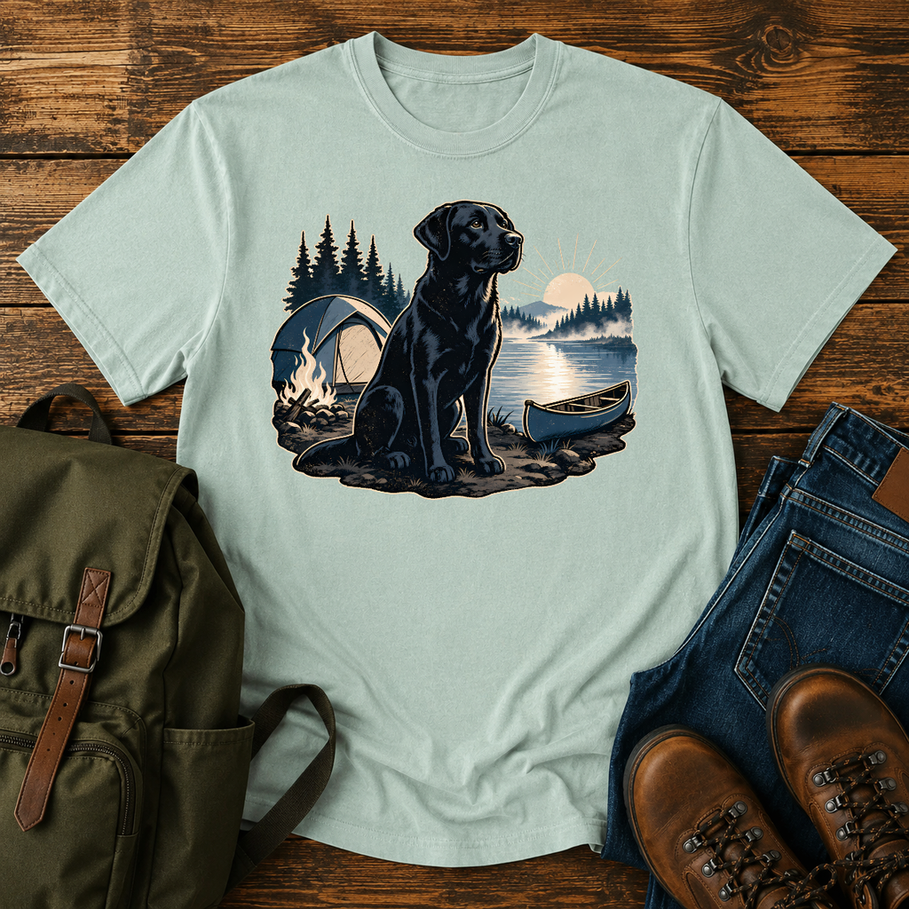Labrador Retriever Wordless: black Labrador sitting alert beside a dome tent and a low t-shirt design