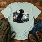 Labrador Retriever Wordless: black Labrador sitting alert beside a dome tent and a low t-shirt design