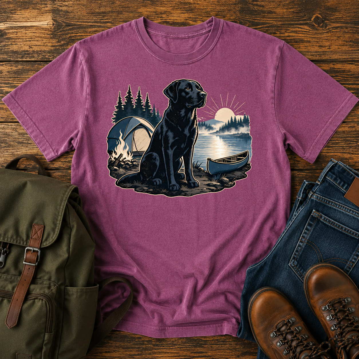 Labrador Retriever Wordless: black Labrador sitting alert beside a dome tent and a low t-shirt design