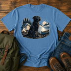 Labrador Retriever Wordless: black Labrador sitting alert beside a dome tent and a low t-shirt design