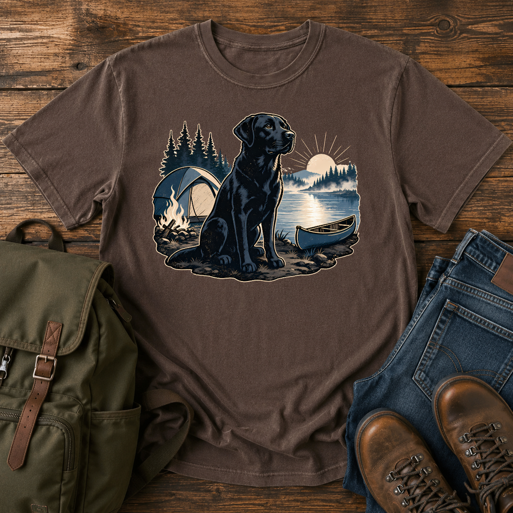 Labrador Retriever Wordless: black Labrador sitting alert beside a dome tent and a low t-shirt design