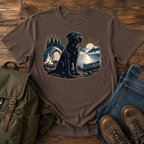 Labrador Retriever Wordless: black Labrador sitting alert beside a dome tent and a low t-shirt design