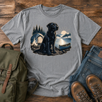 Labrador Retriever Wordless: black Labrador sitting alert beside a dome tent and a low t-shirt design