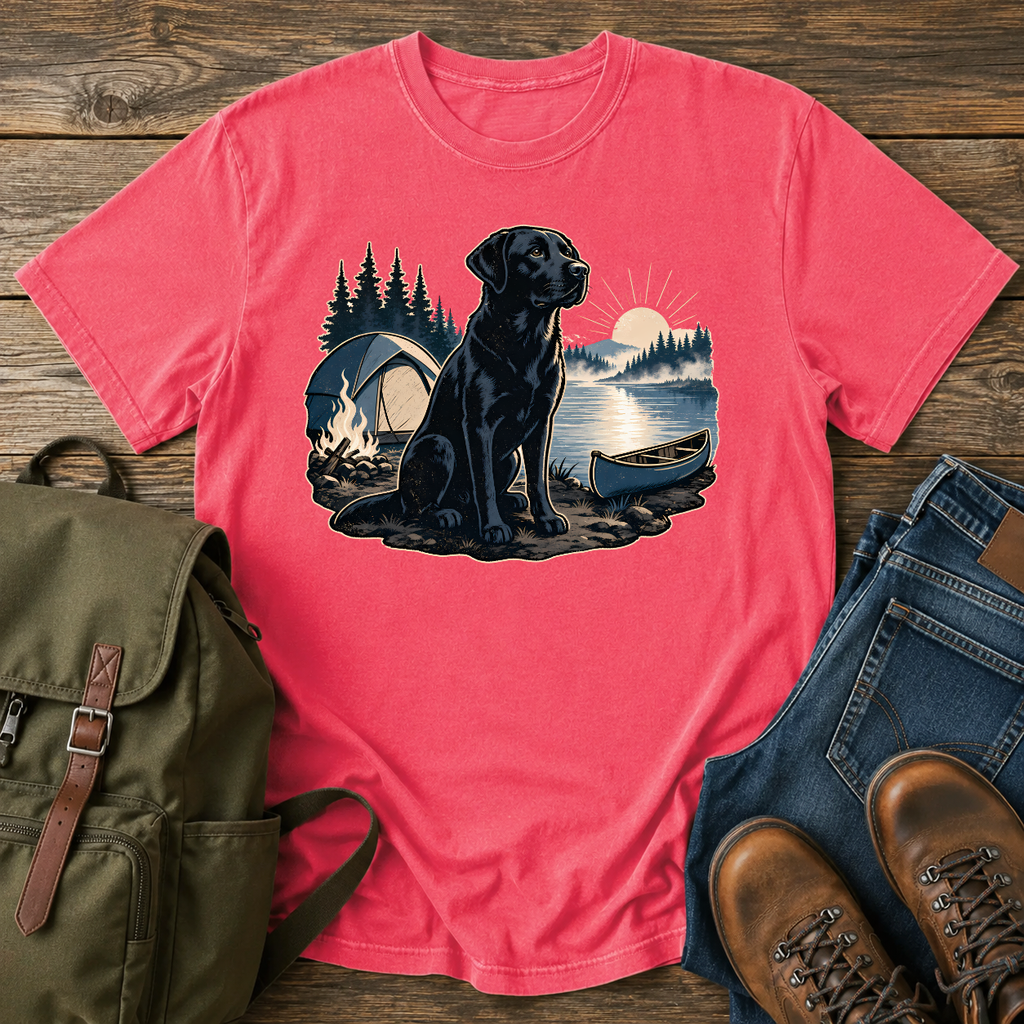 Labrador Retriever Wordless: black Labrador sitting alert beside a dome tent and a low t-shirt design
