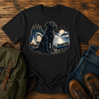 Labrador Retriever Wordless: black Labrador sitting alert beside a dome tent and a low t-shirt design