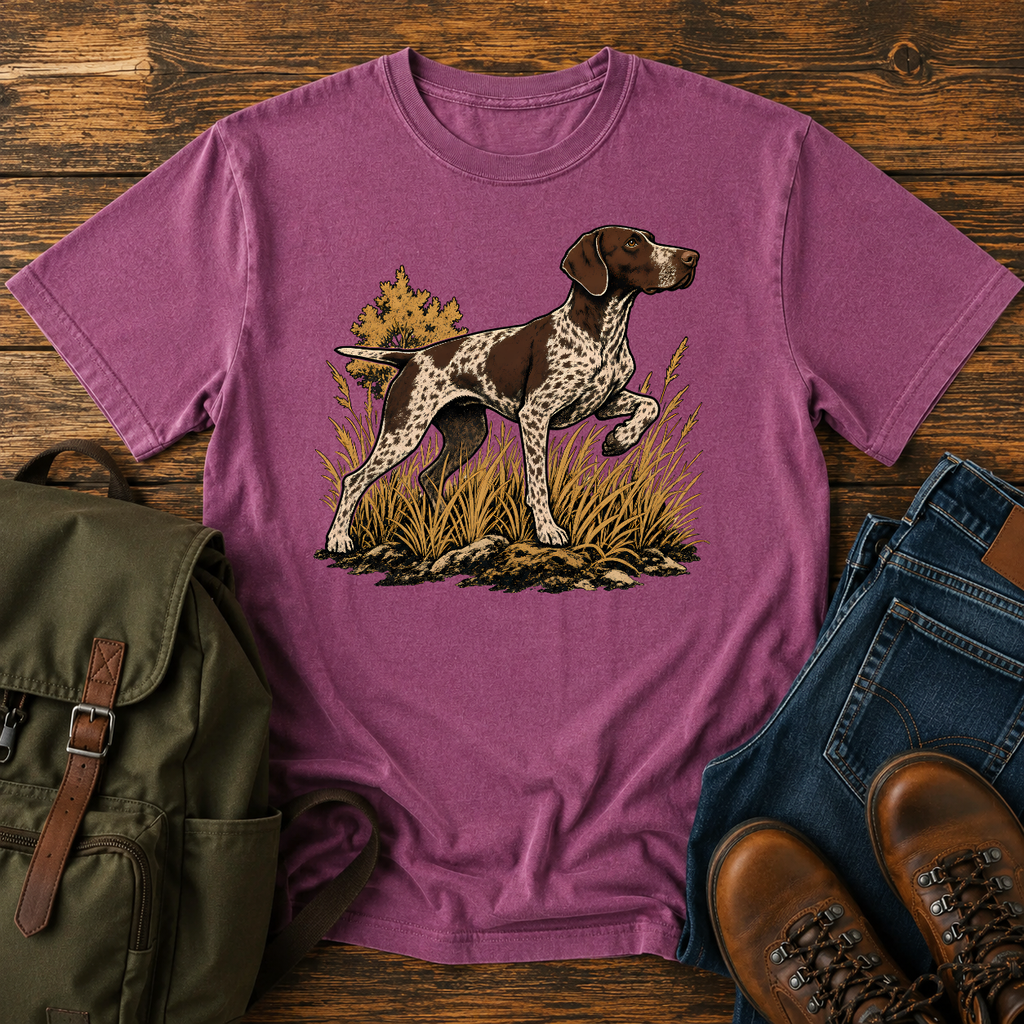 German Shorthaired Pointer Wordless: German Shorthaired Pointer frozen on point in tall grass, foreleg lifted t-shirt design