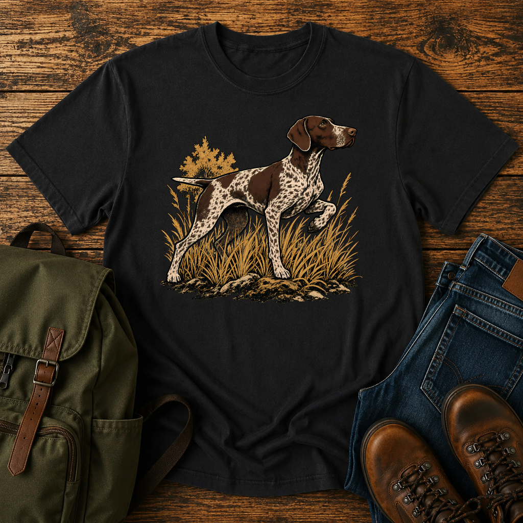 German Shorthaired Pointer Wordless: German Shorthaired Pointer frozen on point in tall grass, foreleg lifted t-shirt design