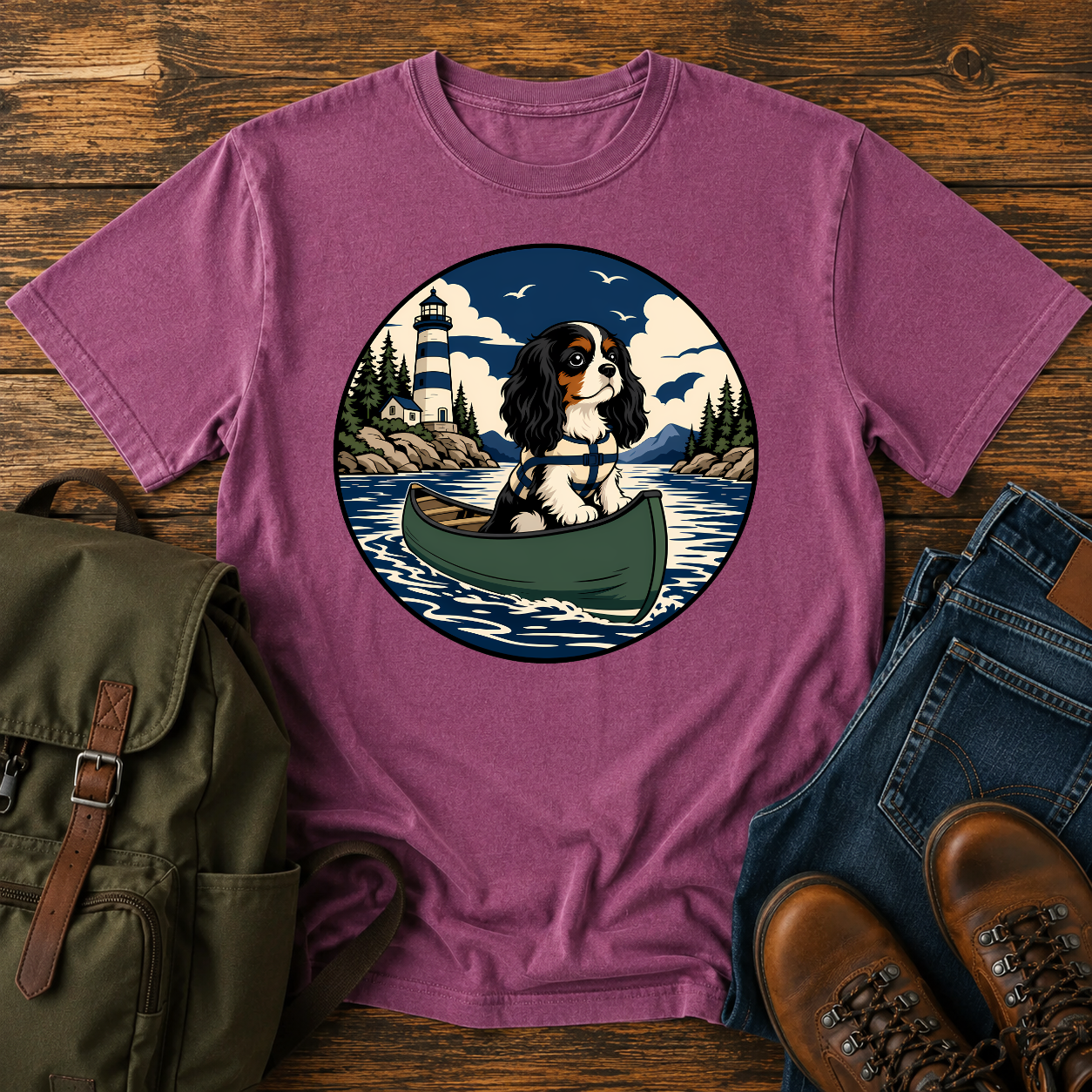Cavalier King Charles Spaniel wearing a tiny life jacket sitting at the bow of a green t-shirt design