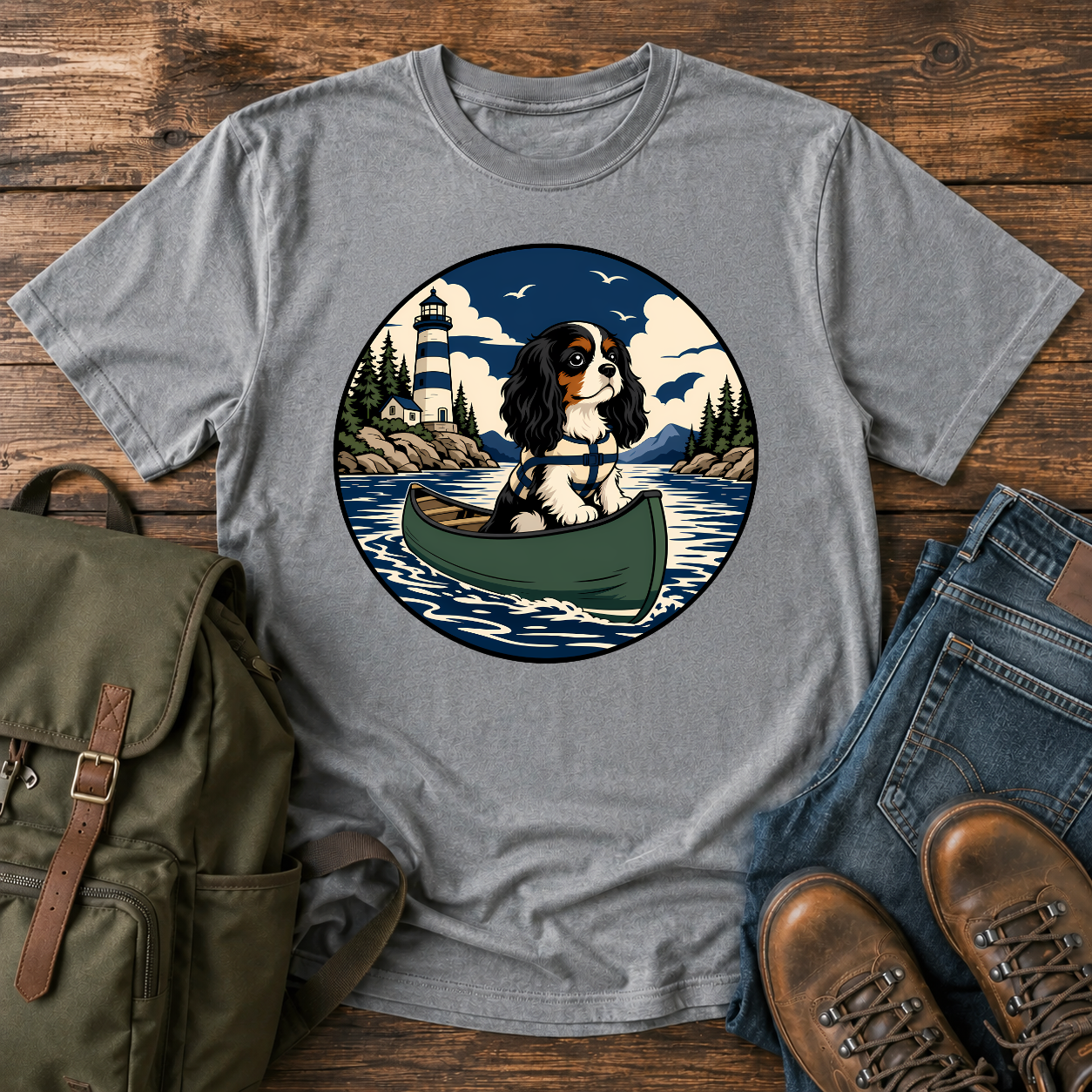 Cavalier King Charles Spaniel wearing a tiny life jacket sitting at the bow of a green t-shirt design