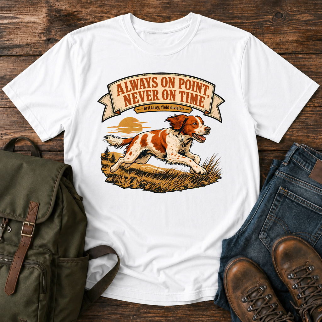 Brittany Orange-and-white running flat out along a tawny grass ridgeline, ears back and t-shirt design