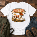 Brittany Orange-and-white running flat out along a tawny grass ridgeline, ears back and t-shirt design