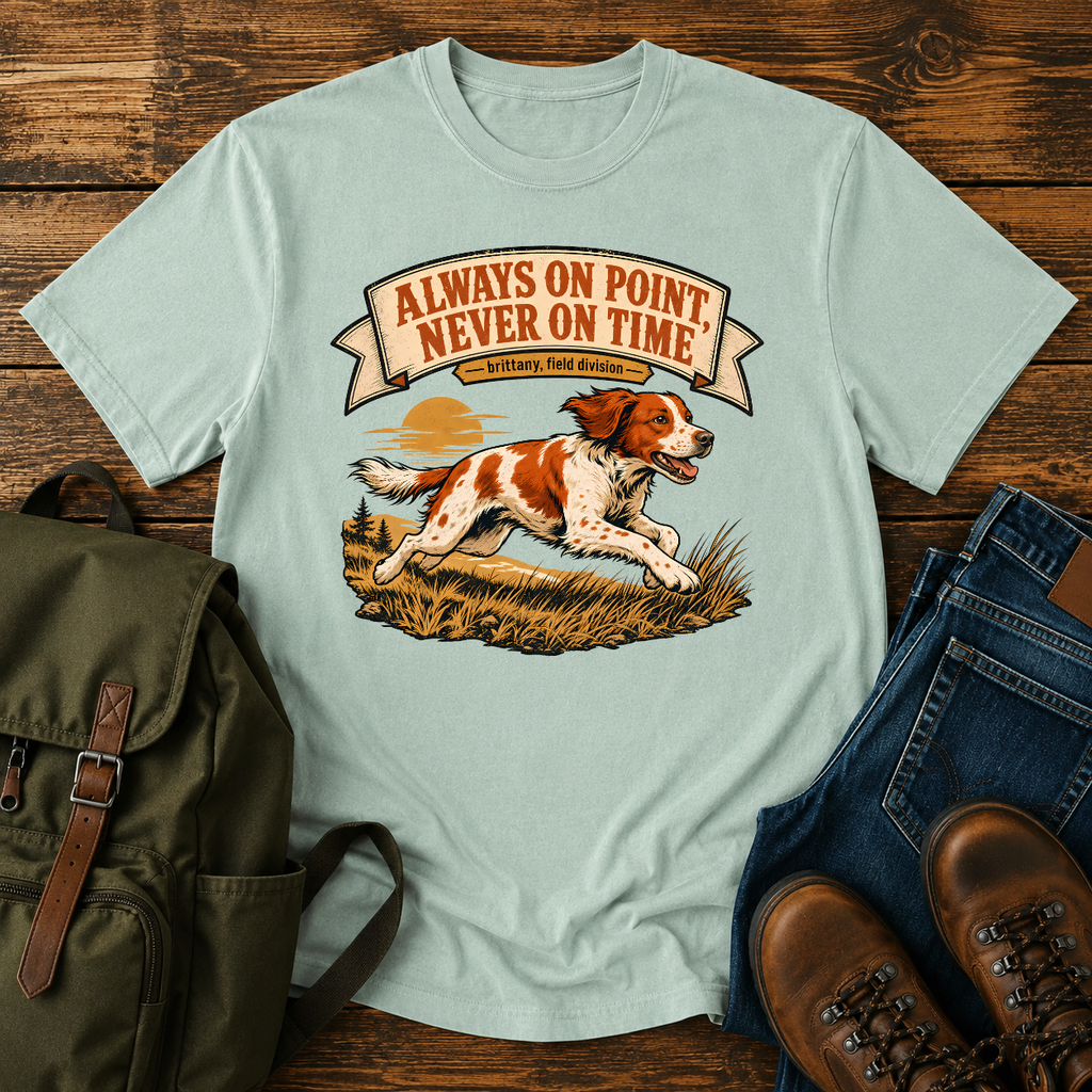 Brittany Orange-and-white running flat out along a tawny grass ridgeline, ears back and t-shirt design