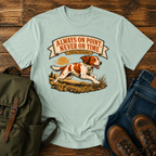Brittany Orange-and-white running flat out along a tawny grass ridgeline, ears back and t-shirt design