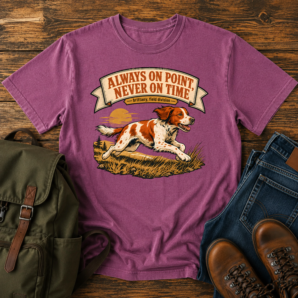 Brittany Orange-and-white running flat out along a tawny grass ridgeline, ears back and t-shirt design
