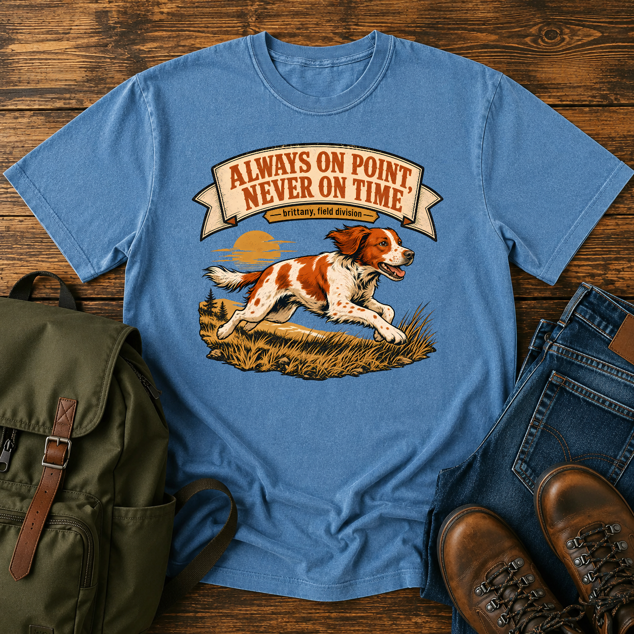 Brittany Orange-and-white running flat out along a tawny grass ridgeline, ears back and t-shirt design