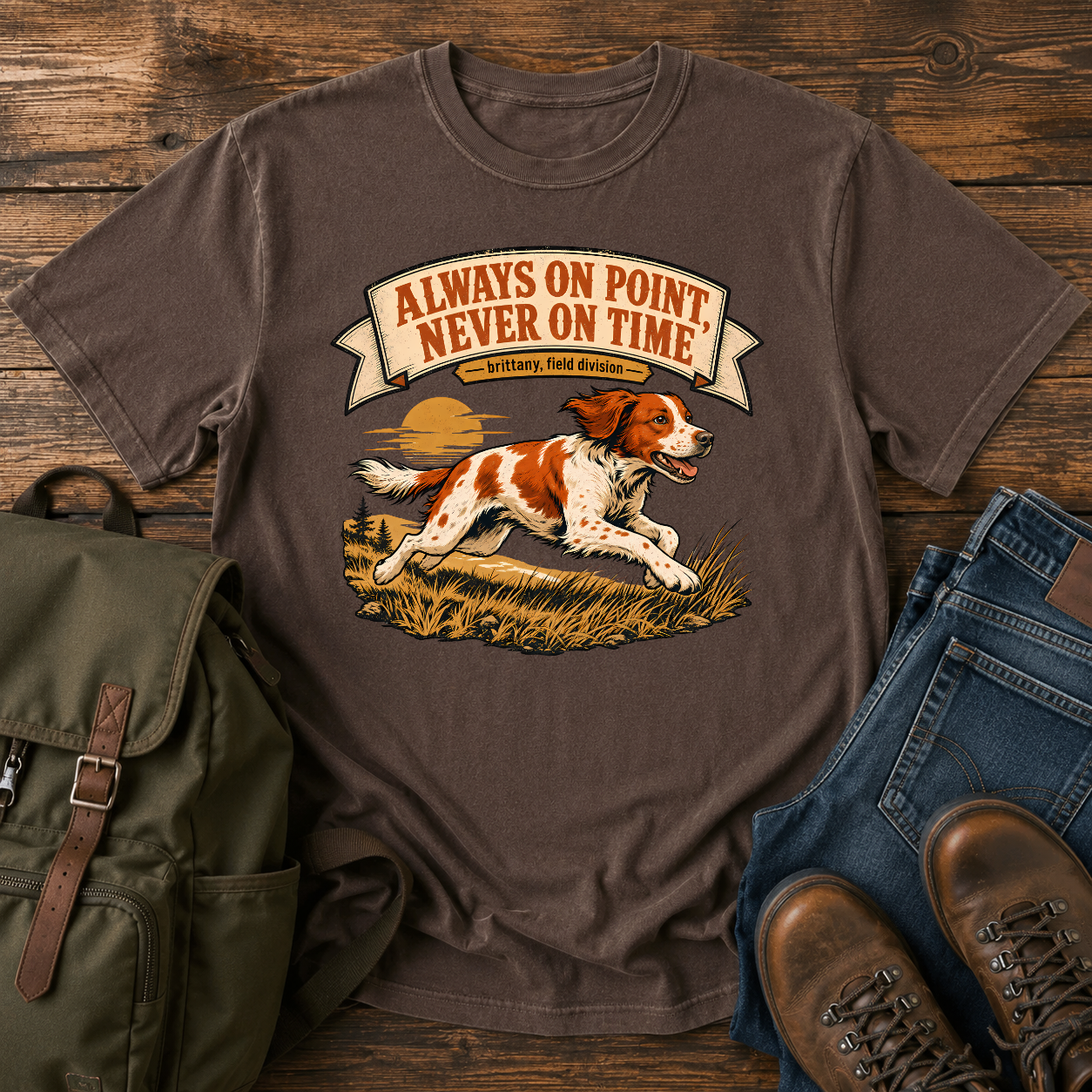 Brittany Orange-and-white running flat out along a tawny grass ridgeline, ears back and t-shirt design