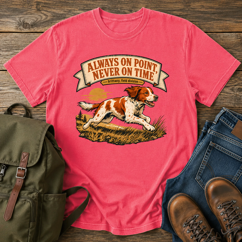 Brittany Orange-and-white running flat out along a tawny grass ridgeline, ears back and t-shirt design
