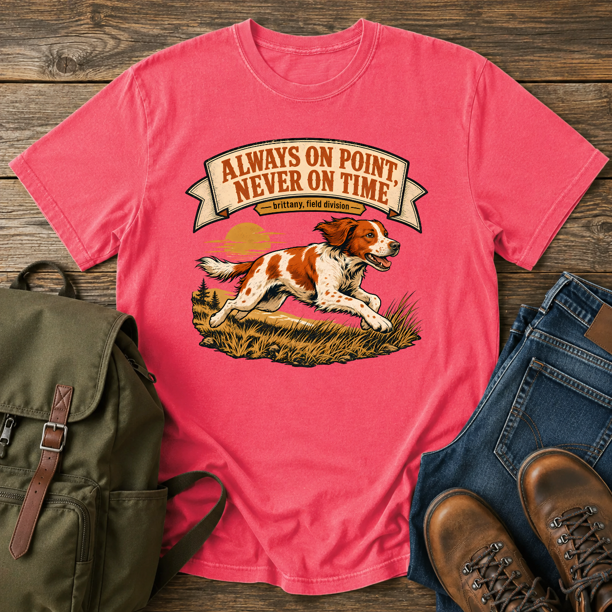 Brittany Orange-and-white running flat out along a tawny grass ridgeline, ears back and t-shirt design