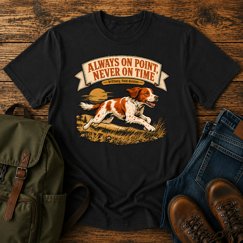 Brittany Orange-and-white running flat out along a tawny grass ridgeline, ears back and t-shirt design