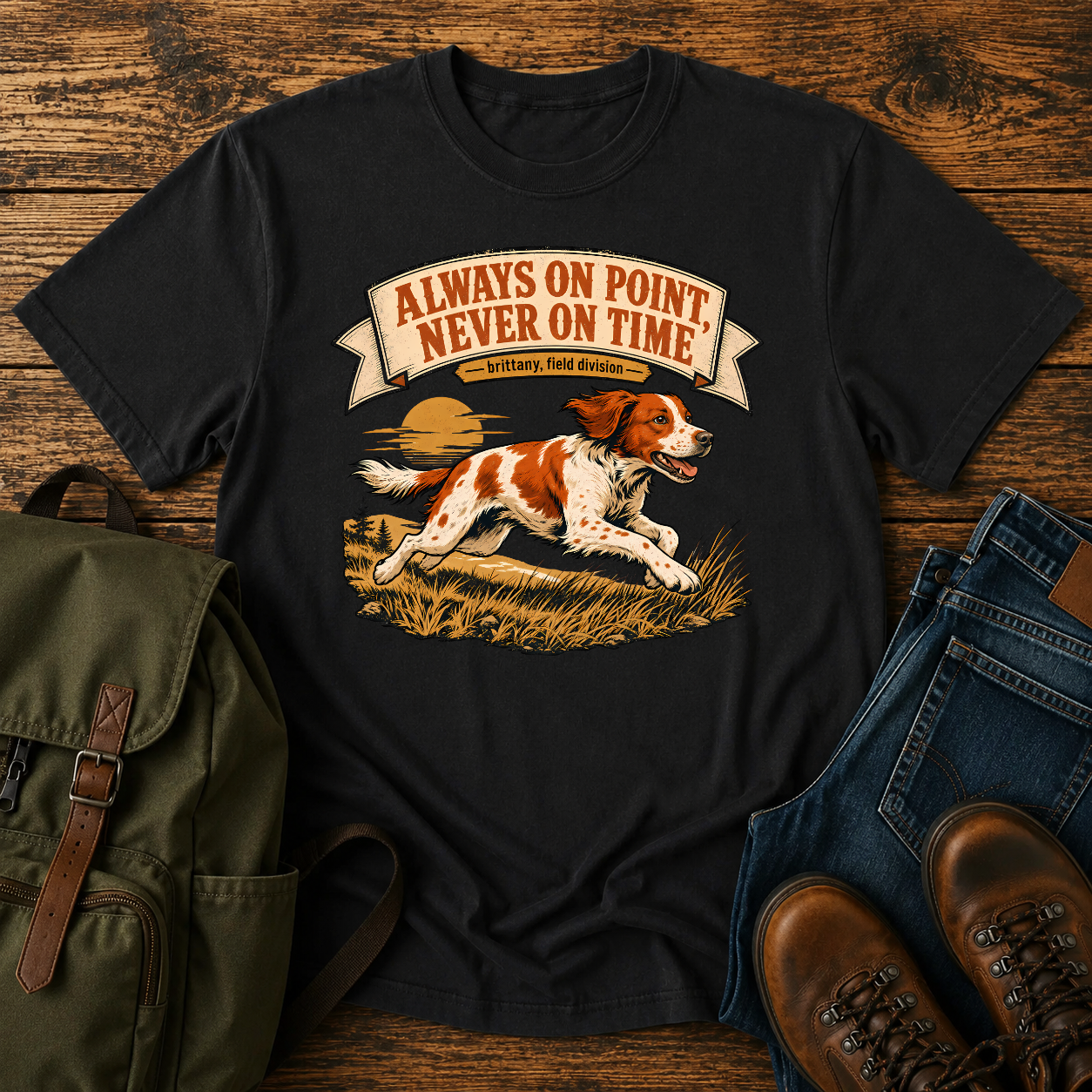 Brittany Orange-and-white running flat out along a tawny grass ridgeline, ears back and t-shirt design