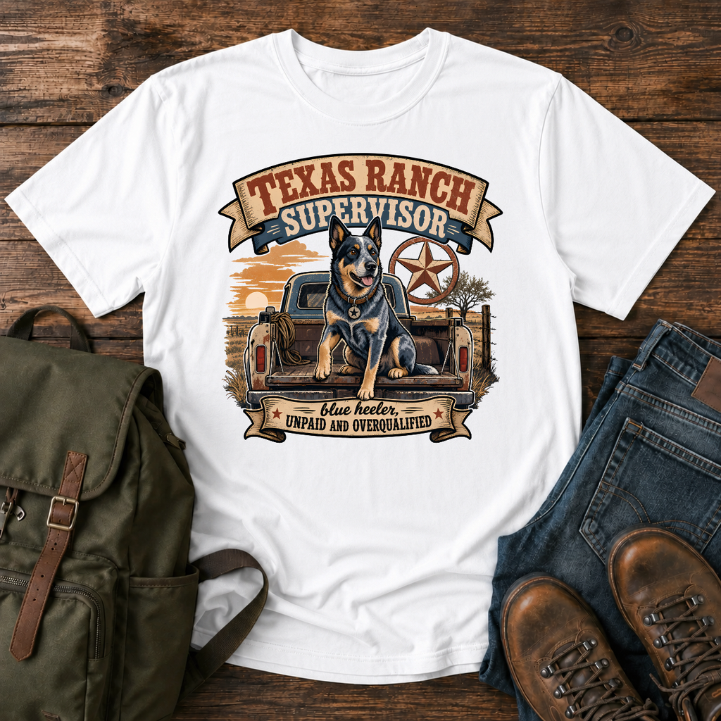 Blue Heeler perched alert on the tailgate of a dusty ranch truck at golden t-shirt design