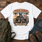 Blue Heeler perched alert on the tailgate of a dusty ranch truck at golden t-shirt design