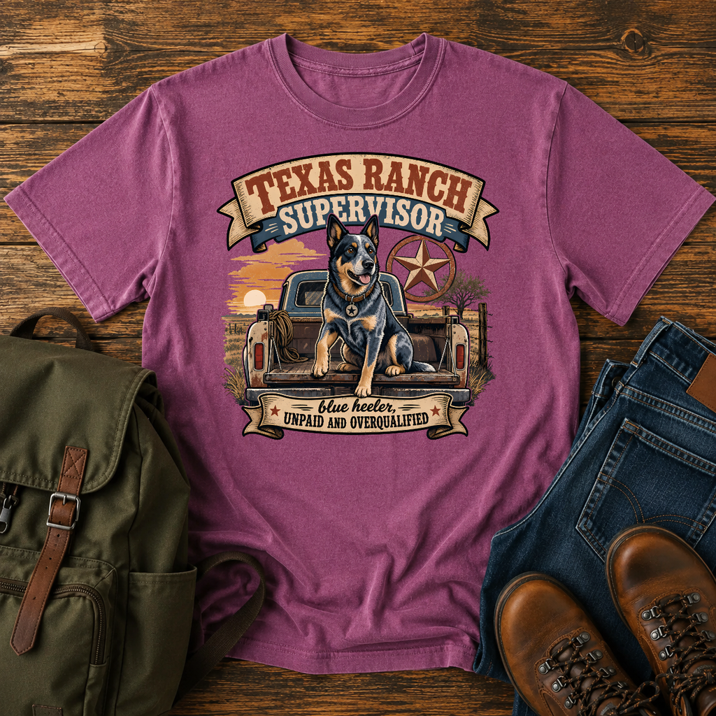 Blue Heeler perched alert on the tailgate of a dusty ranch truck at golden t-shirt design