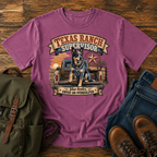 Blue Heeler perched alert on the tailgate of a dusty ranch truck at golden t-shirt design