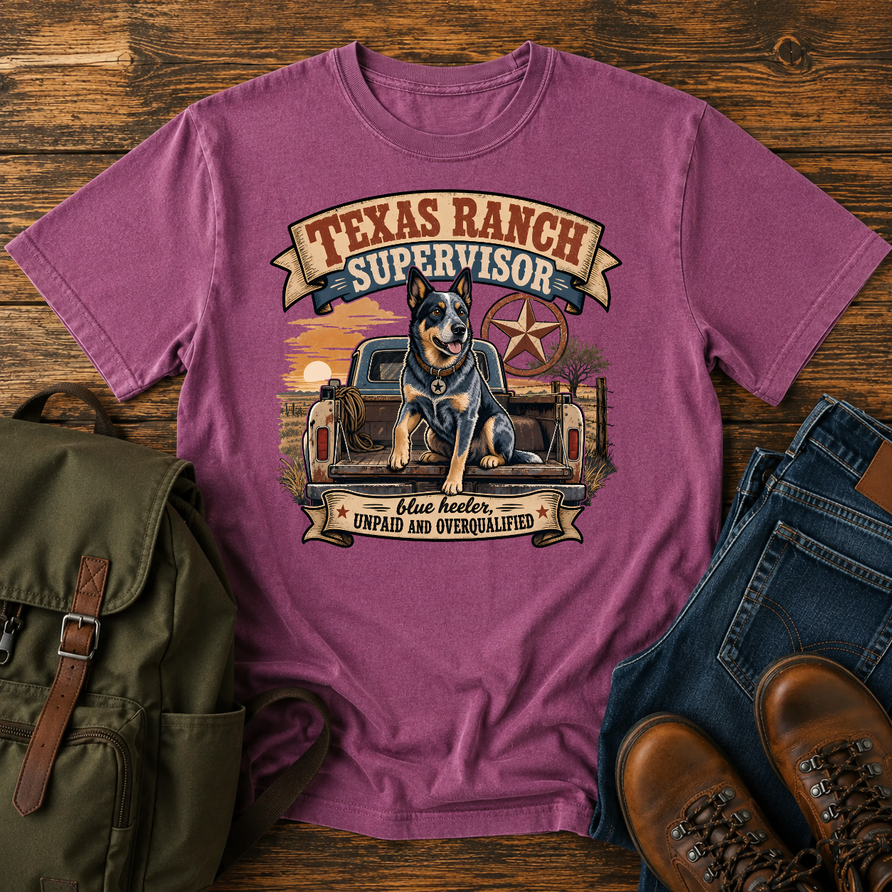 Blue Heeler perched alert on the tailgate of a dusty ranch truck at golden t-shirt design