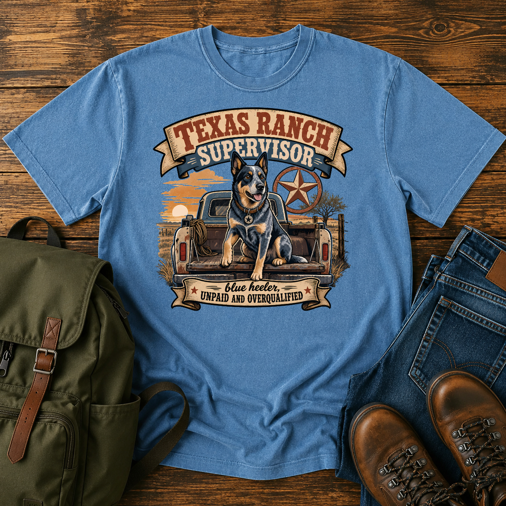 Blue Heeler perched alert on the tailgate of a dusty ranch truck at golden t-shirt design