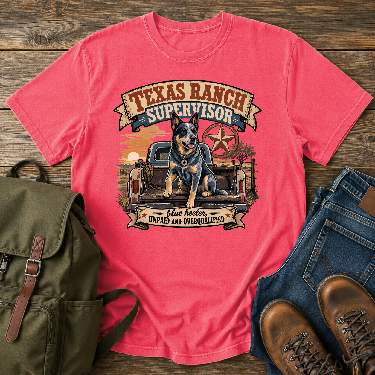 Blue Heeler perched alert on the tailgate of a dusty ranch truck at golden t-shirt design