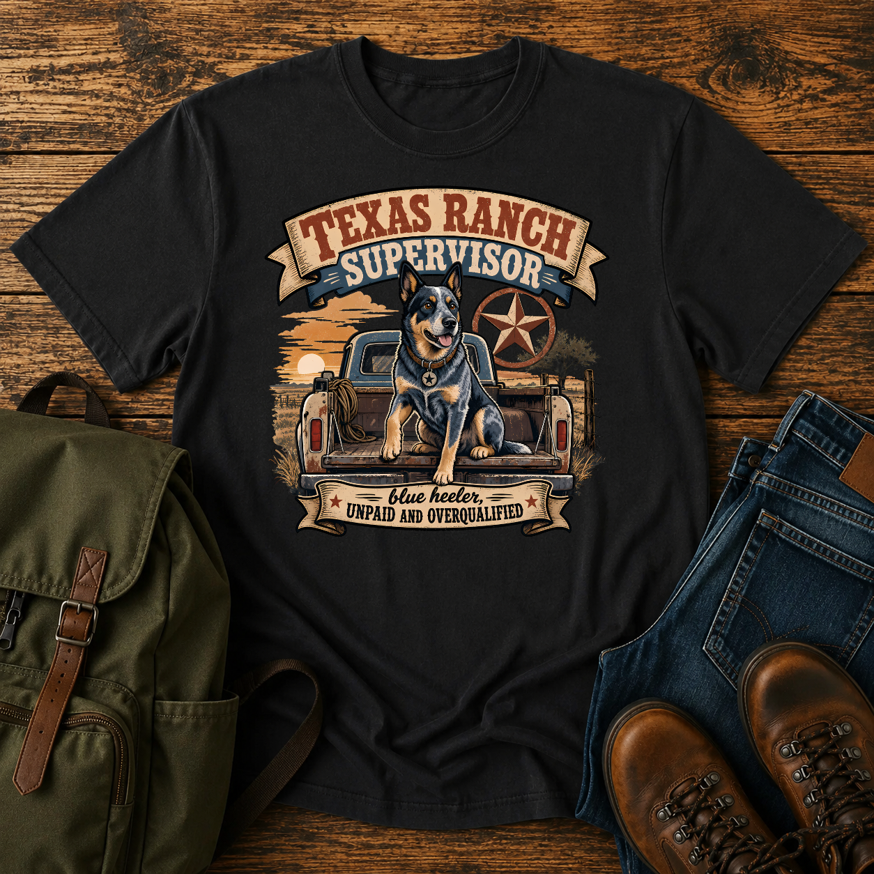 Blue Heeler perched alert on the tailgate of a dusty ranch truck at golden t-shirt design