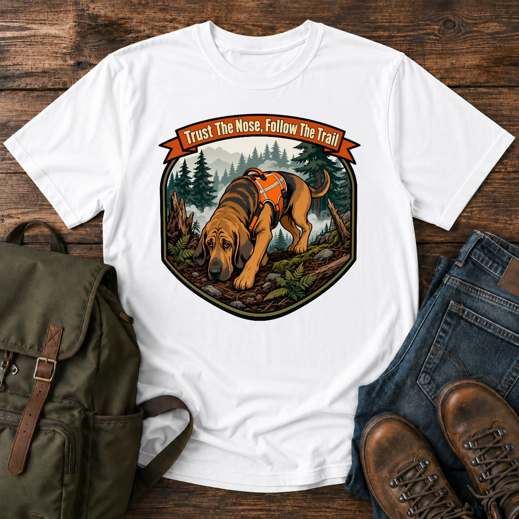 Bloodhound focused Bloodhound with its nose to the ground in a dense, foggy t-shirt design