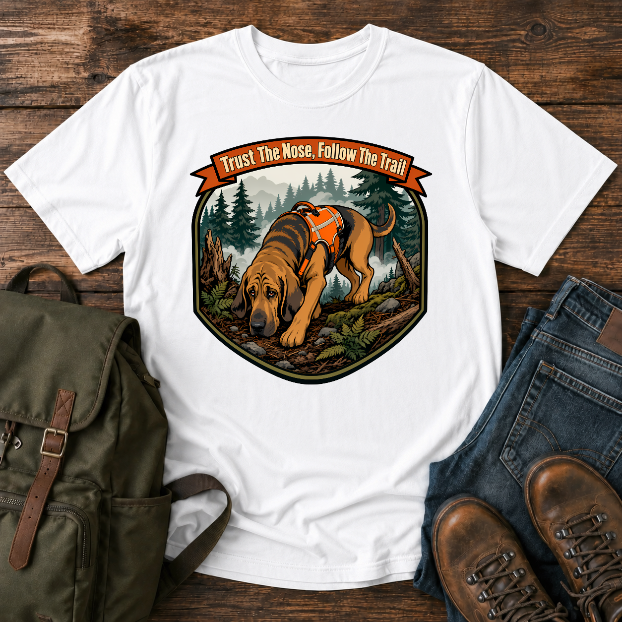 Bloodhound focused Bloodhound with its nose to the ground in a dense, foggy t-shirt design