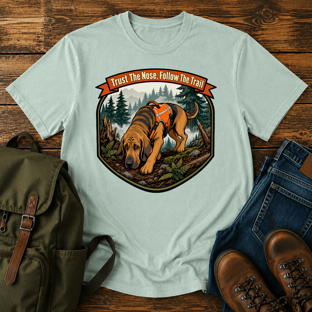Bloodhound focused Bloodhound with its nose to the ground in a dense, foggy t-shirt design