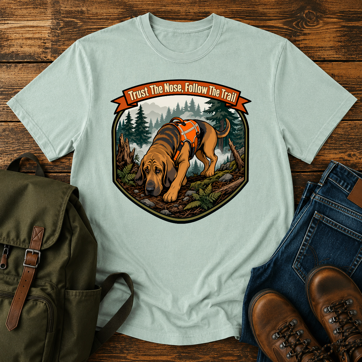 Bloodhound focused Bloodhound with its nose to the ground in a dense, foggy t-shirt design