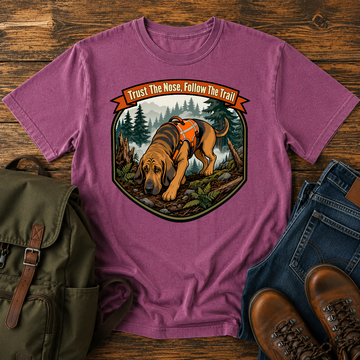 Bloodhound focused Bloodhound with its nose to the ground in a dense, foggy t-shirt design