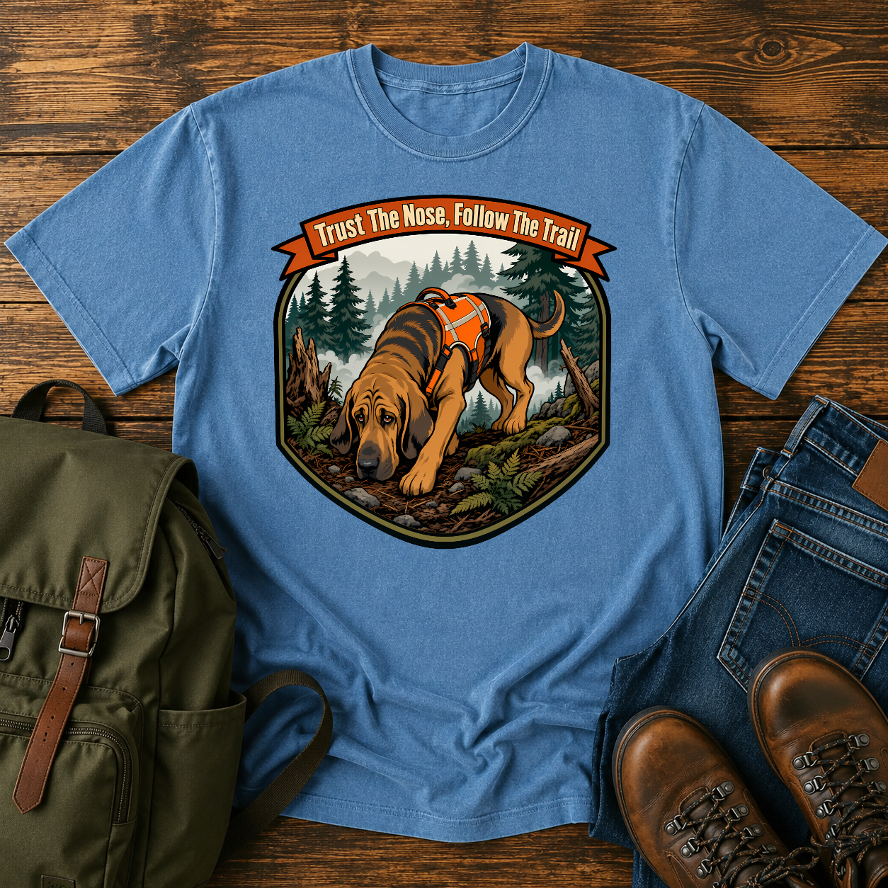 Bloodhound focused Bloodhound with its nose to the ground in a dense, foggy t-shirt design