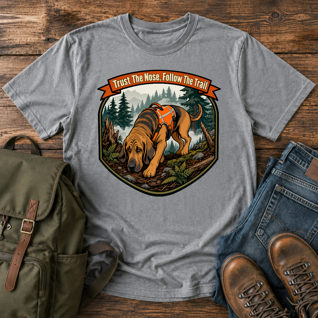 Bloodhound focused Bloodhound with its nose to the ground in a dense, foggy t-shirt design