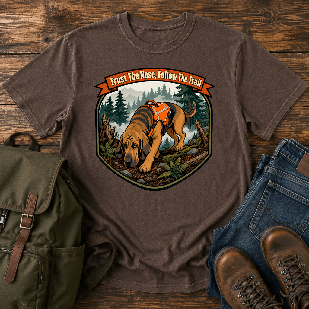 Bloodhound focused Bloodhound with its nose to the ground in a dense, foggy t-shirt design