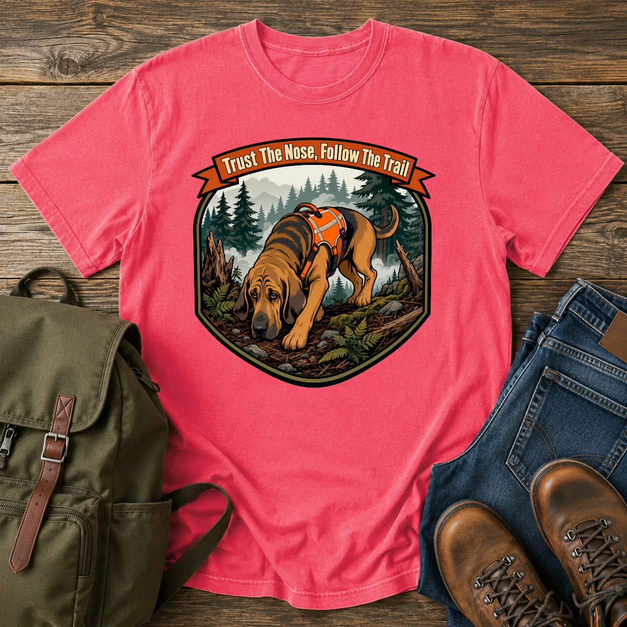 Bloodhound focused Bloodhound with its nose to the ground in a dense, foggy t-shirt design