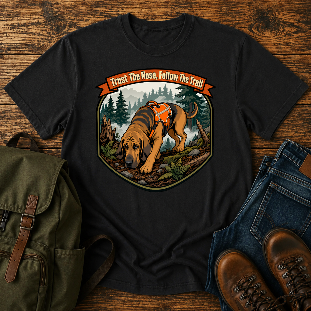 Bloodhound focused Bloodhound with its nose to the ground in a dense, foggy t-shirt design