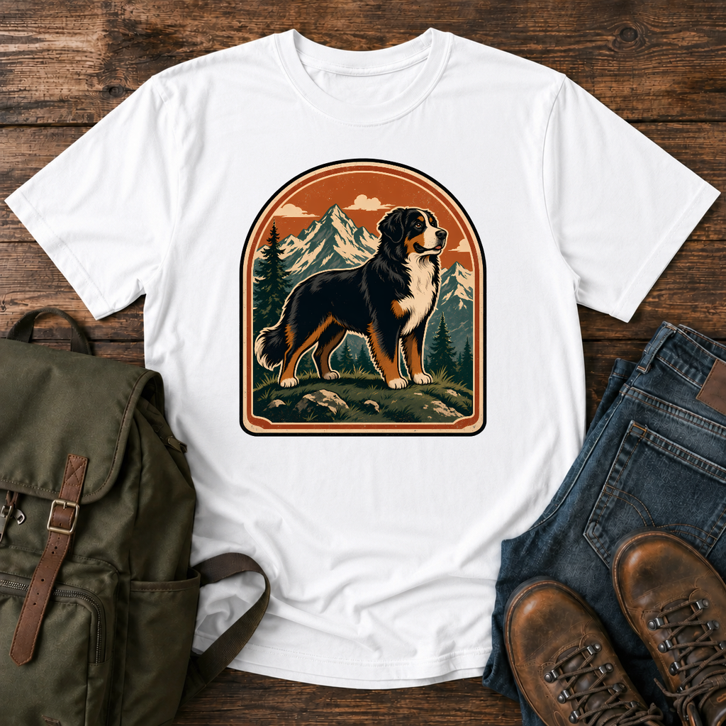 Bernese Mountain Dog Wordless: tricolor Bernese standing broadside on an alpine meadow ridge, layered peaks t-shirt design