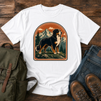 Bernese Mountain Dog Wordless: tricolor Bernese standing broadside on an alpine meadow ridge, layered peaks t-shirt design