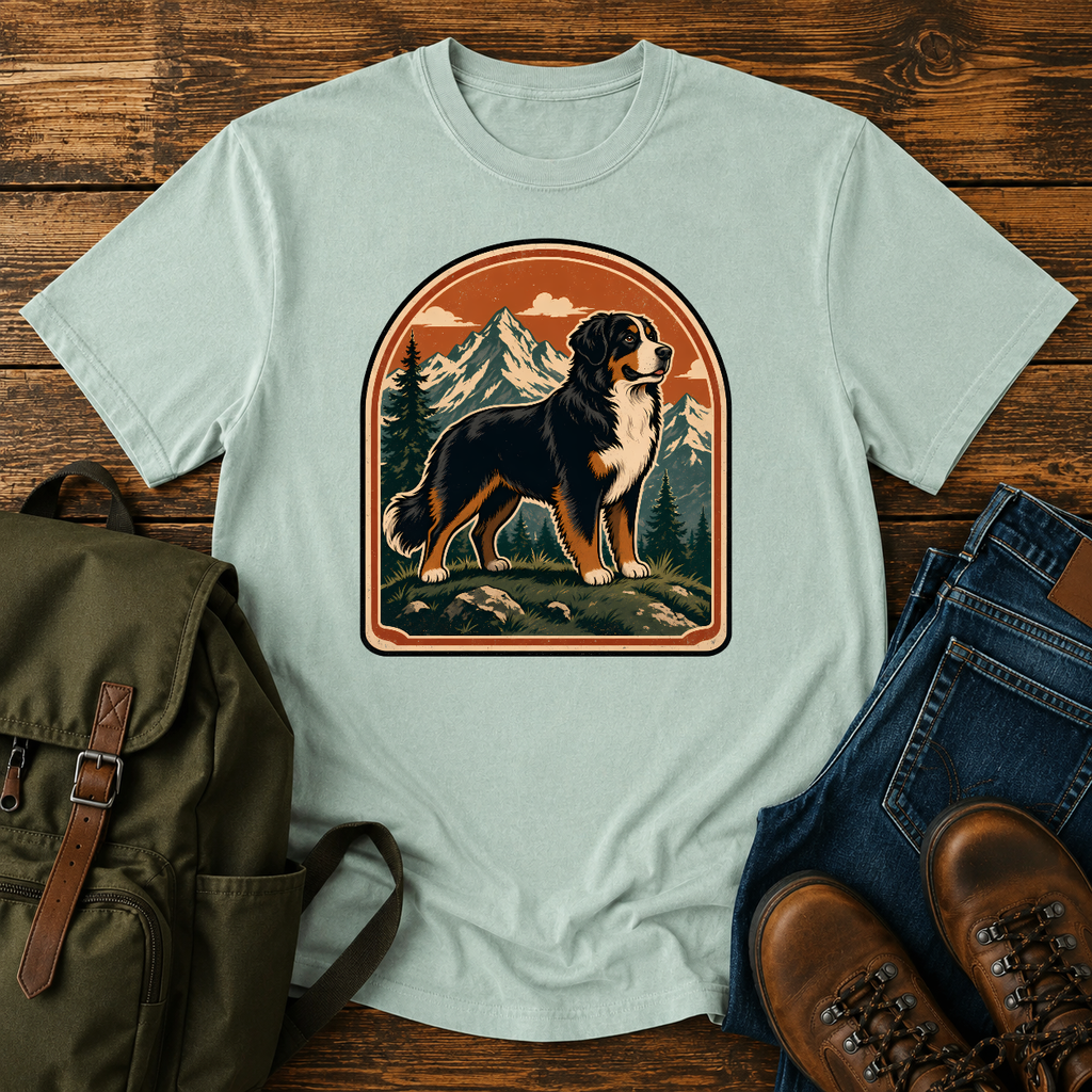 Bernese Mountain Dog Wordless: tricolor Bernese standing broadside on an alpine meadow ridge, layered peaks t-shirt design
