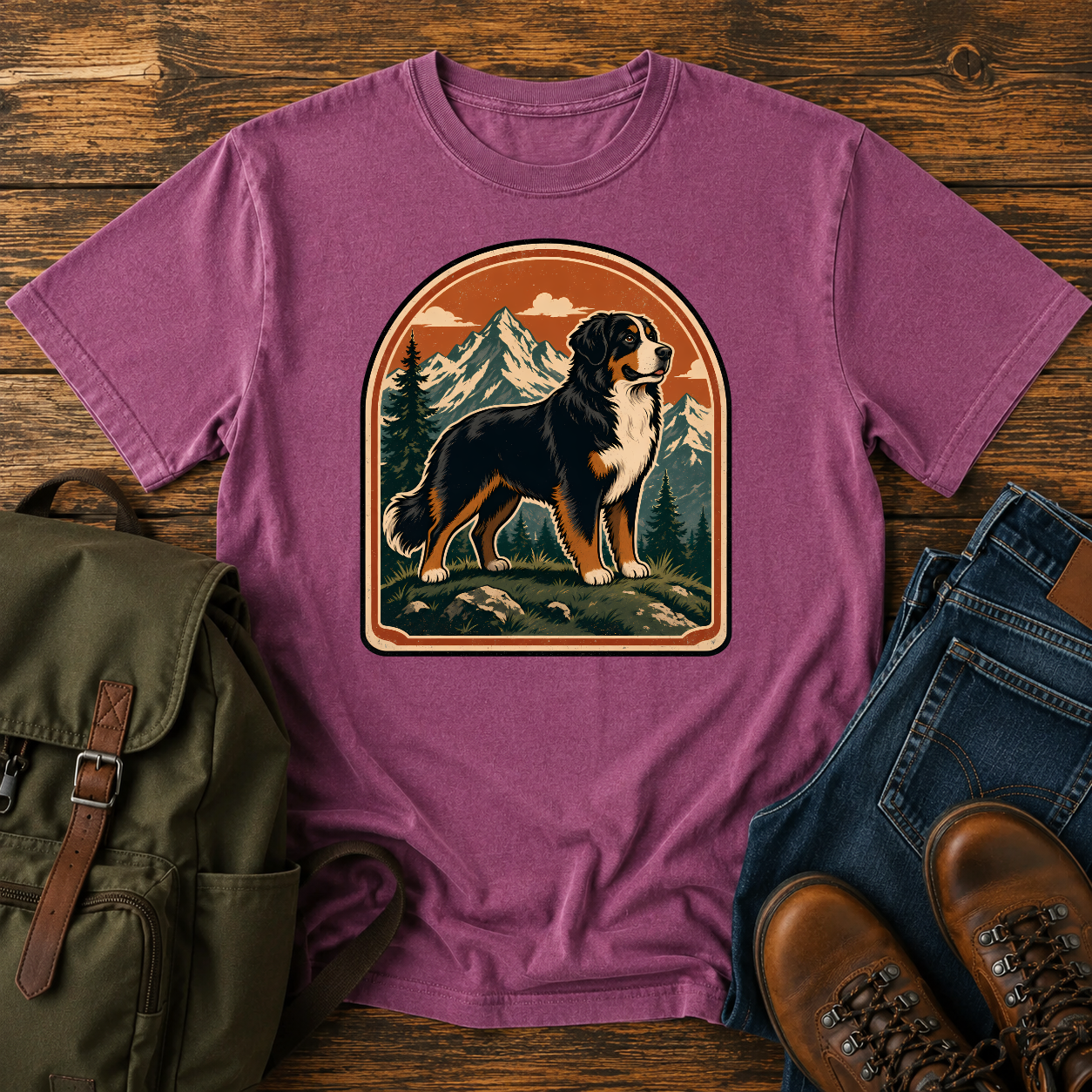 Bernese Mountain Dog Wordless: tricolor Bernese standing broadside on an alpine meadow ridge, layered peaks t-shirt design