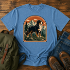 Bernese Mountain Dog Wordless: tricolor Bernese standing broadside on an alpine meadow ridge, layered peaks t-shirt design